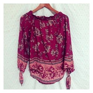 Maroon and floral off the shoulder shirt